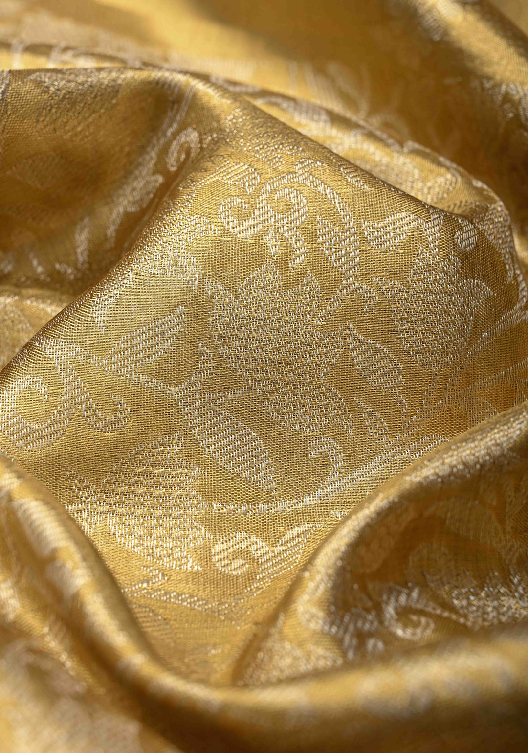 Tan Gold Kanjivaram Tissue Silk Saree with Floral Brocade Jaal and Zari Border | SILK MARK CERTIFIED