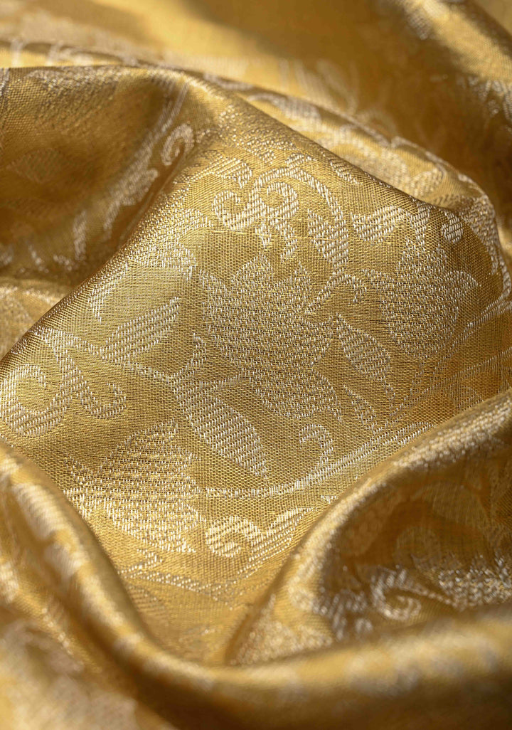 Tan Gold Kanjivaram Tissue Silk Saree with Floral Brocade Jaal and Zari Border | SILK MARK CERTIFIED