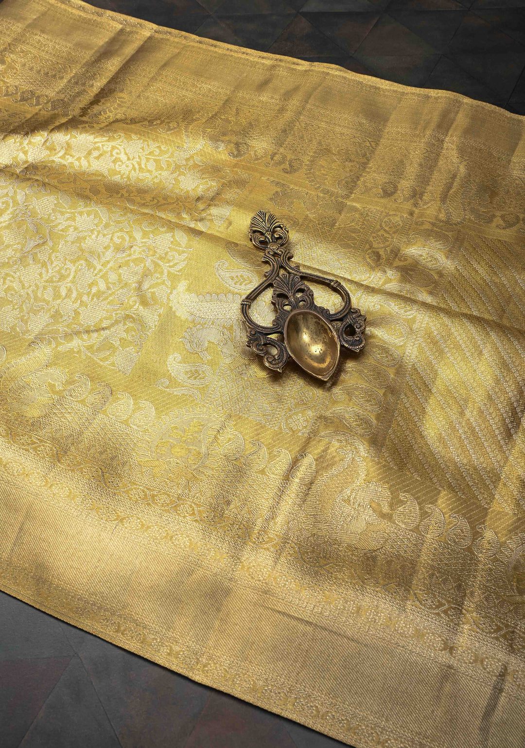 Tan Gold Kanjivaram Tissue Silk Saree with Floral Brocade Jaal and Zari Border | SILK MARK CERTIFIED