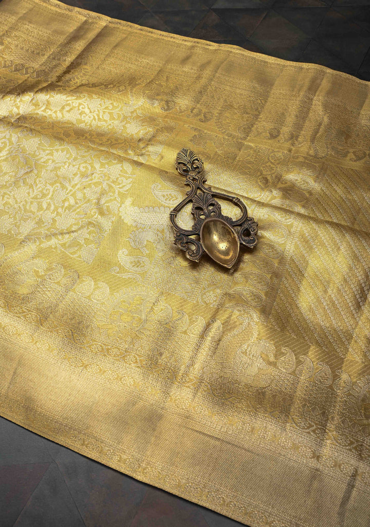 Tan Gold Kanjivaram Tissue Silk Saree with Floral Brocade Jaal and Zari Border | SILK MARK CERTIFIED