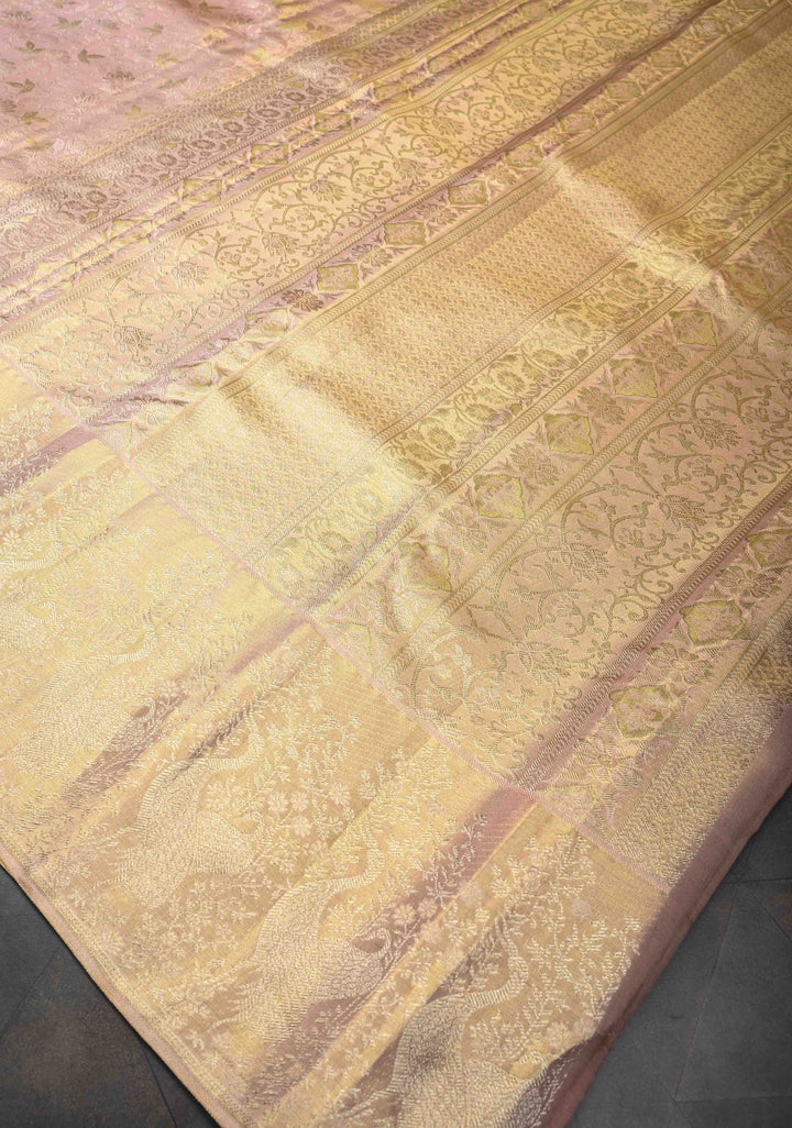 Gold Tissue Kanjivaram Silk Saree with Meenakari Floral Brocade Jaal and Zari Border | SILK MARK CERTIFIED