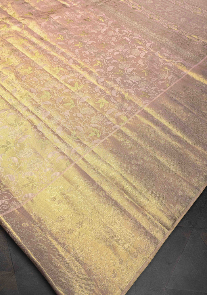 Gold Tissue Kanjivaram Silk Saree with Meenakari Floral Brocade Jaal and Zari Border | SILK MARK CERTIFIED