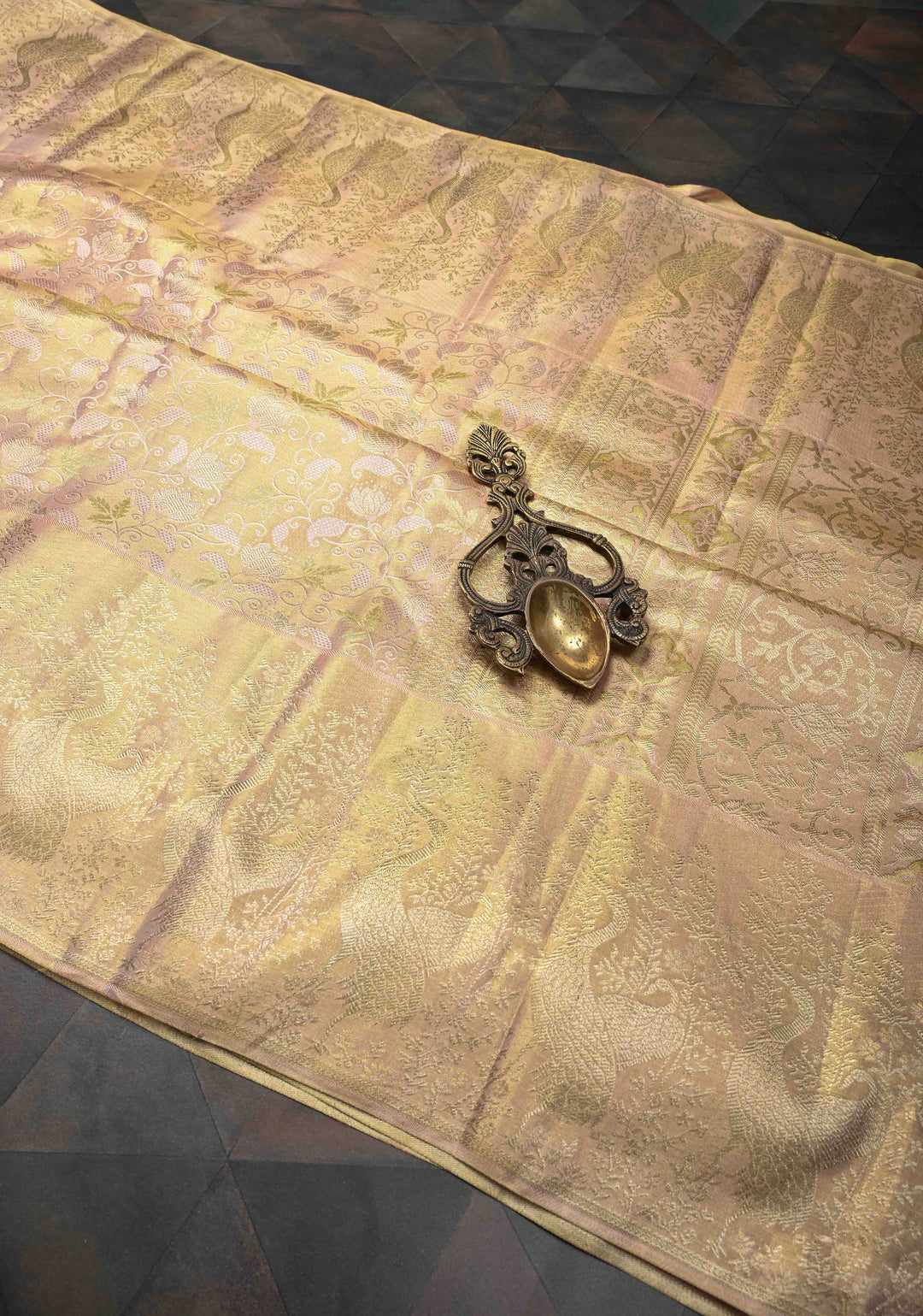 Gold Tissue Kanjivaram Silk Saree with Meenakari Floral Brocade Jaal and Zari Border | SILK MARK CERTIFIED