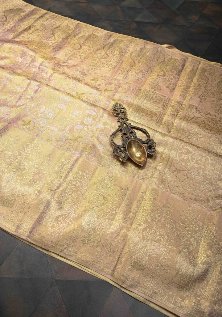 Gold Tissue Kanjivaram Silk Saree with Meenakari Floral Brocade Jaal and Zari Border | SILK MARK CERTIFIED