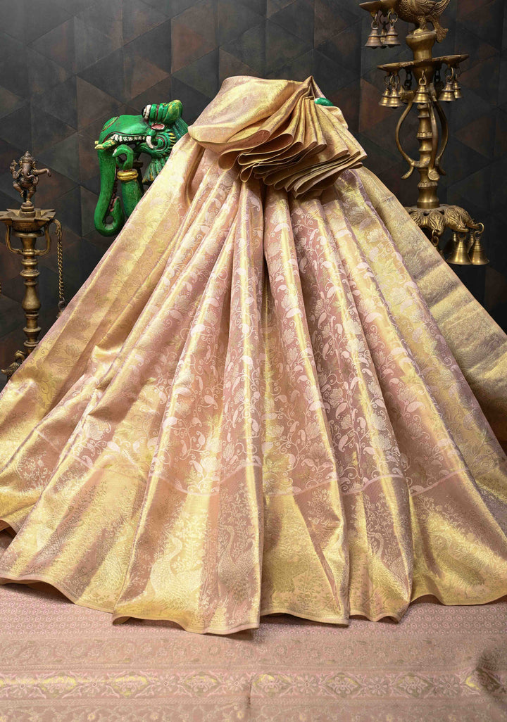 Gold Tissue Kanjivaram Silk Saree with Meenakari Floral Brocade Jaal and Zari Border | SILK MARK CERTIFIED