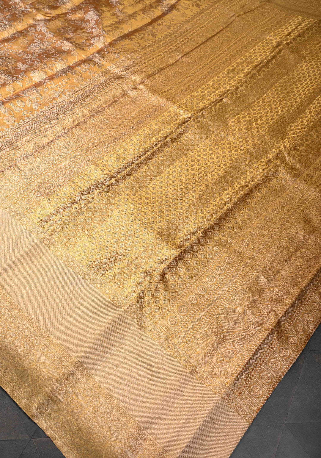 Gold Tissue Kanjivaram Silk Saree with Floral Brocade Jaal and Zari Border| SILK MARK CERTIFIED
