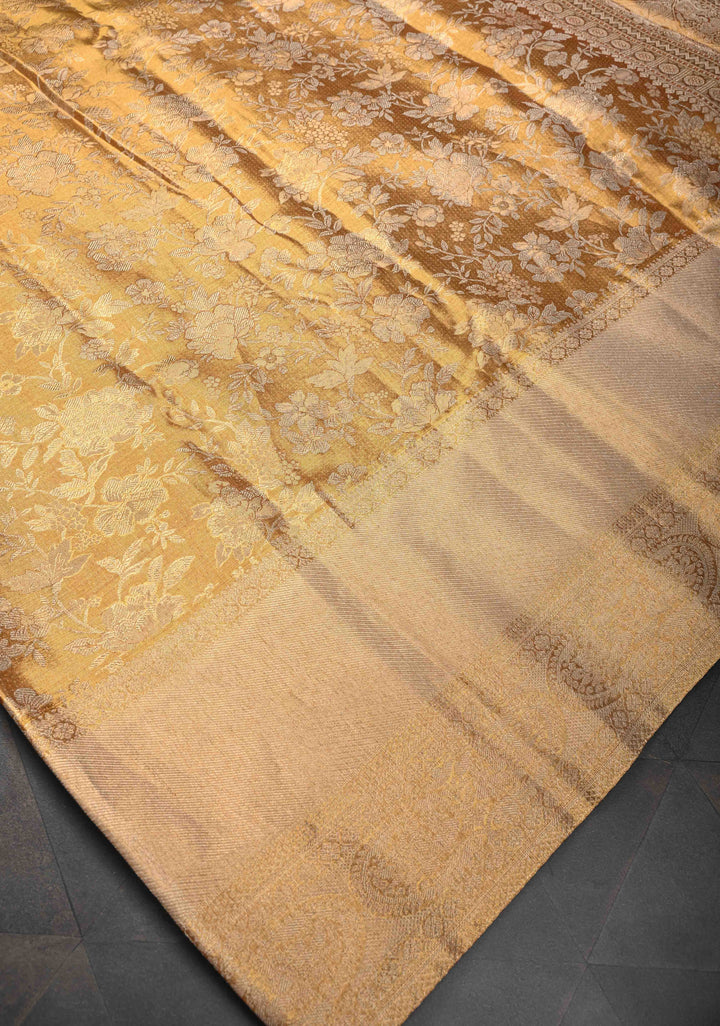 Gold Tissue Kanjivaram Silk Saree with Floral Brocade Jaal and Zari Border| SILK MARK CERTIFIED