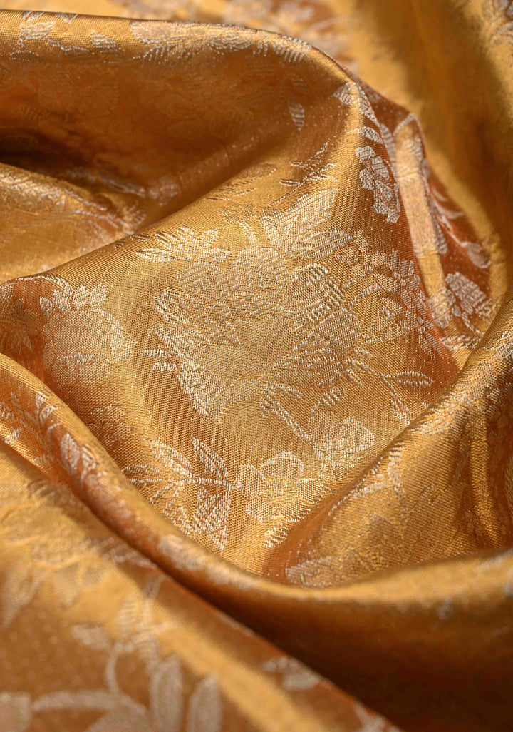 Gold Tissue Kanjivaram Silk Saree with Floral Brocade Jaal and Zari Border| SILK MARK CERTIFIED