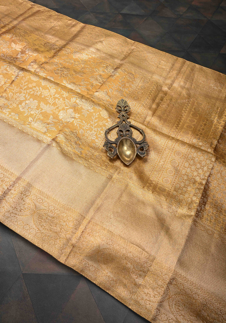 Gold Tissue Kanjivaram Silk Saree with Floral Brocade Jaal and Zari Border| SILK MARK CERTIFIED
