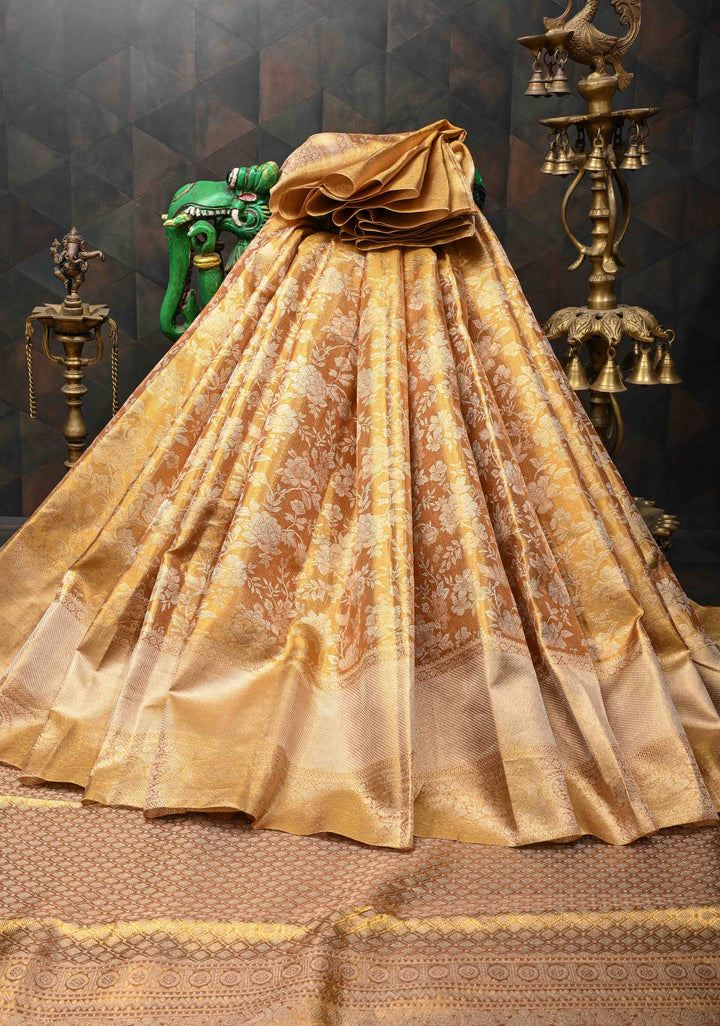 Gold Tissue Kanjivaram Silk Saree with Floral Brocade Jaal and Zari Border| SILK MARK CERTIFIED