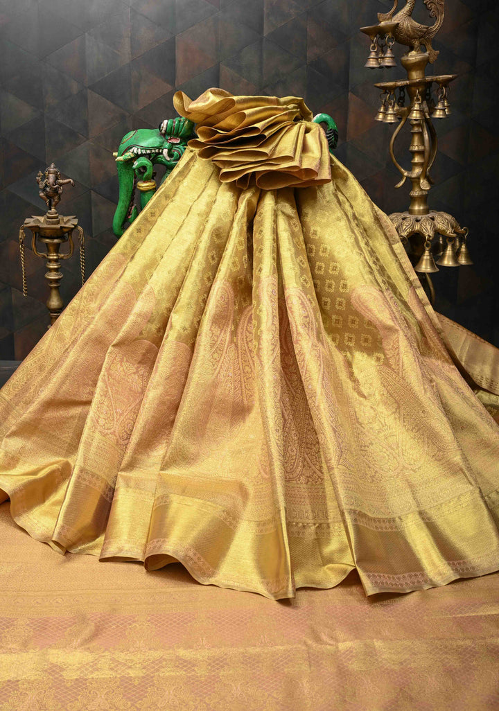 Gold Tissue Kanjivaram Silk Saree with Brocade and Meenakari Paisley Border| SILK MARK CERTIFIED