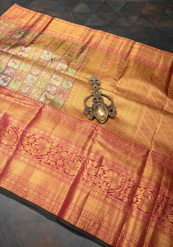 Multicolor Tissue Kanjivaram Silk Saree with Meenakari Patola Brocade and Wide Contrast Zari Border | SILK MARK CERTIFIED