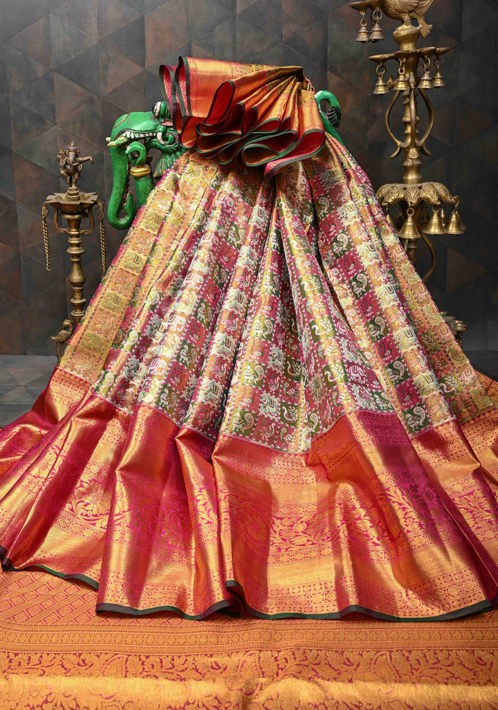 Multicolor Tissue Kanjivaram Silk Saree with Meenakari Patola Brocade and Wide Contrast Zari Border | SILK MARK CERTIFIED