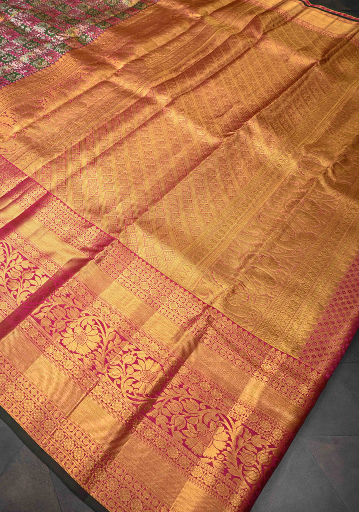 Multicolor Tissue Kanjivaram Silk Saree with Meenakari Patola Brocade and Wide Contrast Zari Border | SILK MARK CERTIFIED
