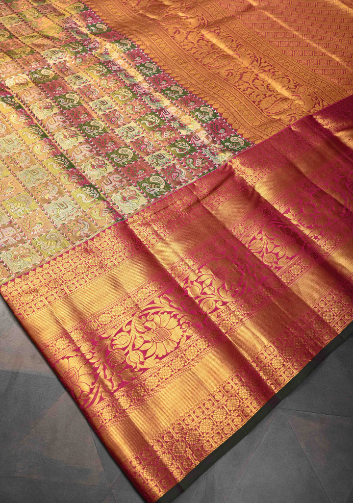 Multicolor Tissue Kanjivaram Silk Saree with Meenakari Patola Brocade and Wide Contrast Zari Border | SILK MARK CERTIFIED