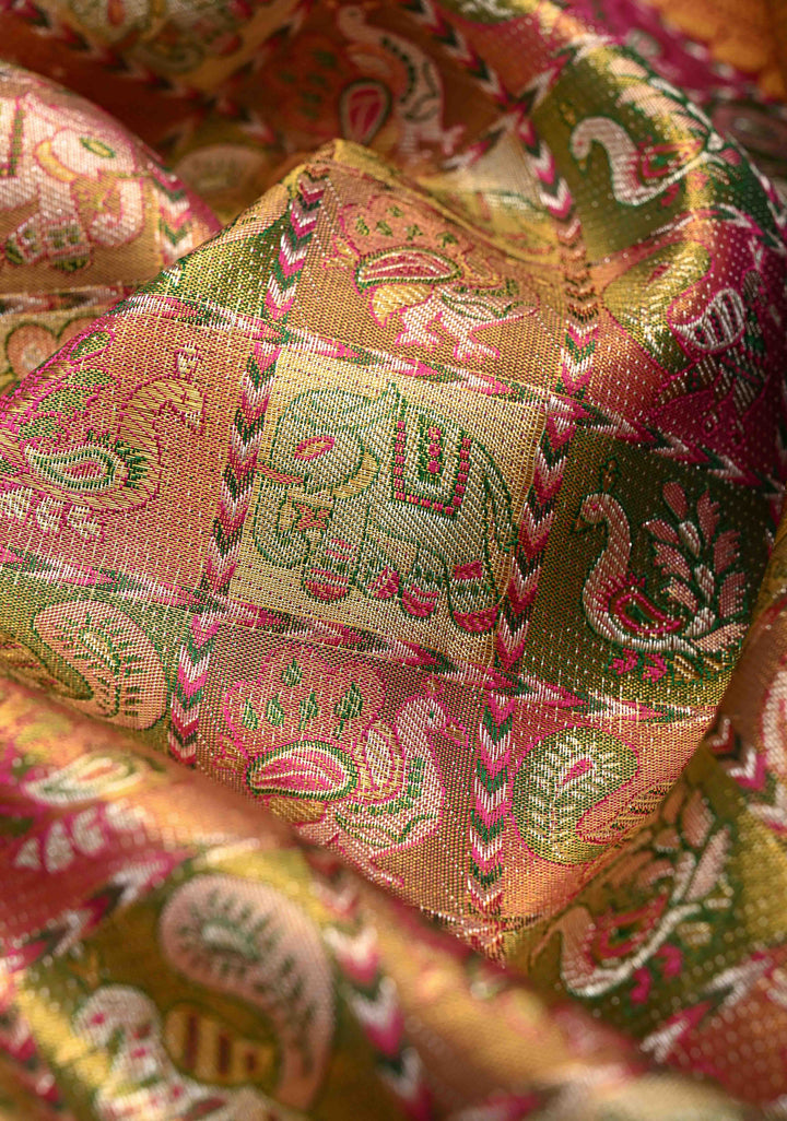 Multicolor Tissue Kanjivaram Silk Saree with Meenakari Patola Brocade and Wide Contrast Zari Border | SILK MARK CERTIFIED