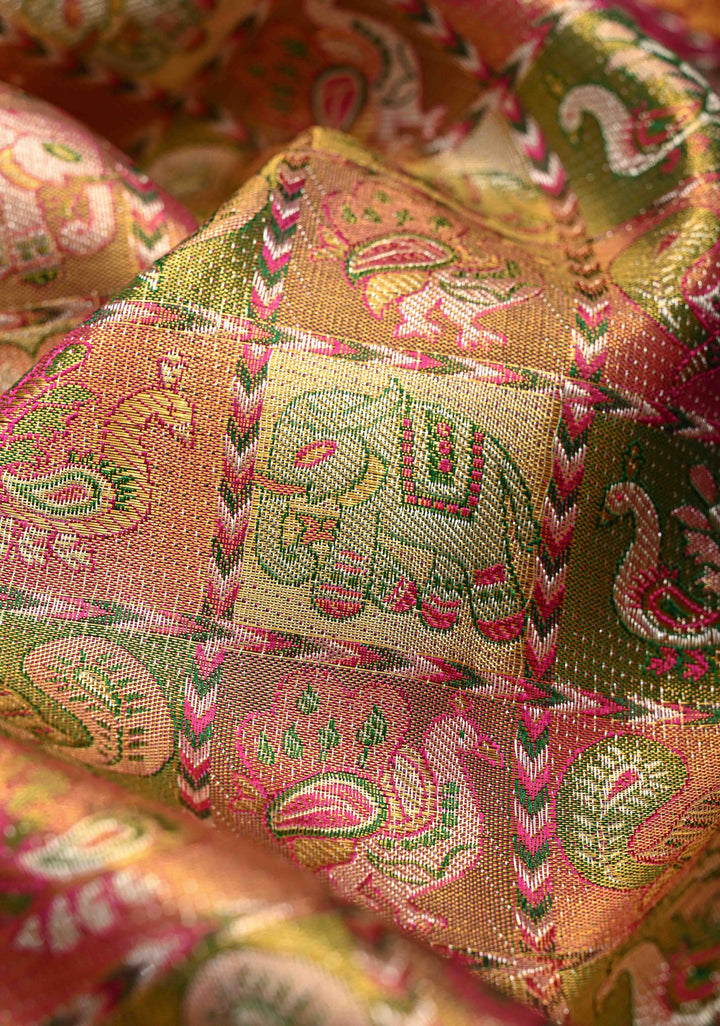 Multicolor Tissue Kanjivaram Silk Saree with Meenakari Patola Brocade and Wide Contrast Zari Border | SILK MARK CERTIFIED