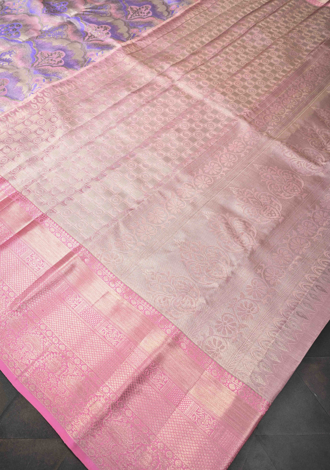 Pastel Hued Tissue Kanjivaram Silk Saree with Meenakari Brocade and Contrast Zari Border | SILK MARK CERTIFIED