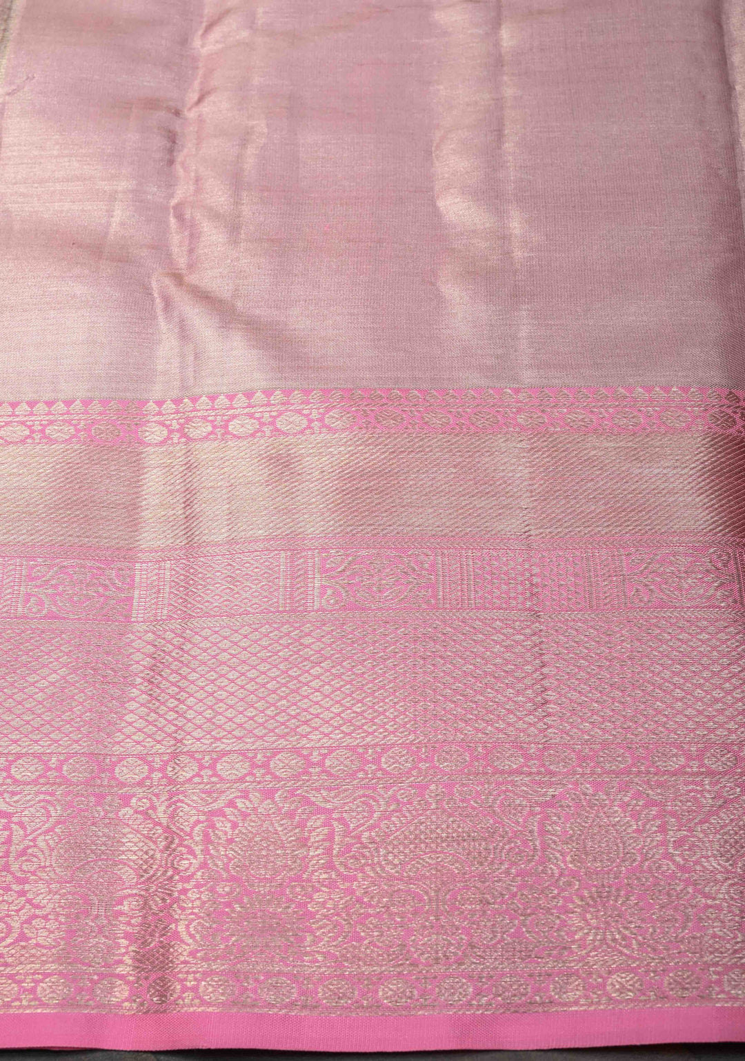 Pastel Hued Tissue Kanjivaram Silk Saree with Meenakari Brocade and Contrast Zari Border | SILK MARK CERTIFIED