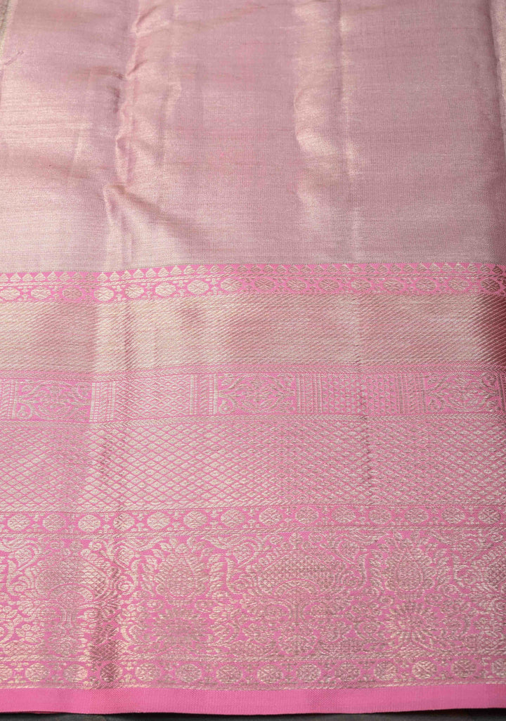 Pastel Hued Tissue Kanjivaram Silk Saree with Meenakari Brocade and Contrast Zari Border | SILK MARK CERTIFIED