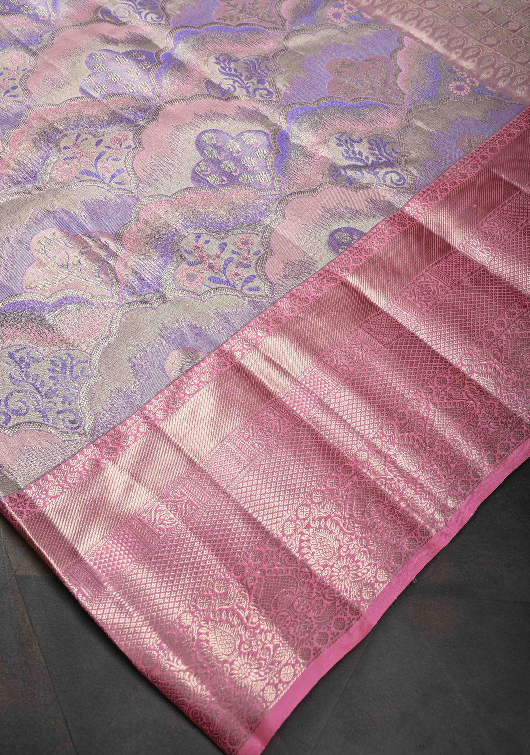 Pastel Hued Tissue Kanjivaram Silk Saree with Meenakari Brocade and Contrast Zari Border | SILK MARK CERTIFIED