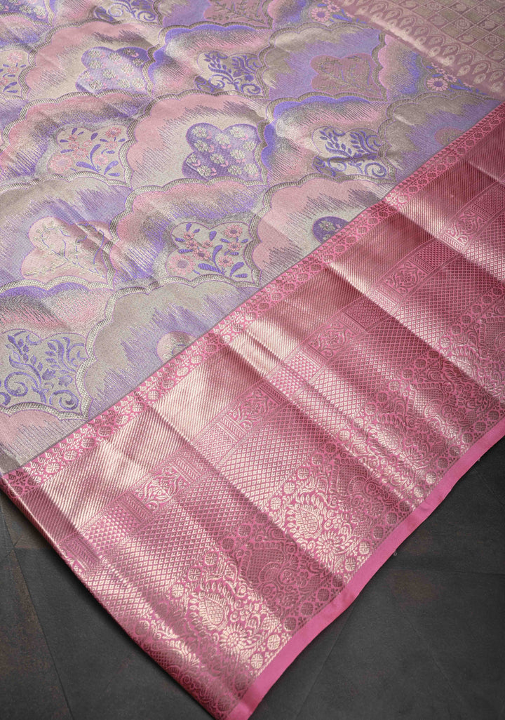 Pastel Hued Tissue Kanjivaram Silk Saree with Meenakari Brocade and Contrast Zari Border | SILK MARK CERTIFIED