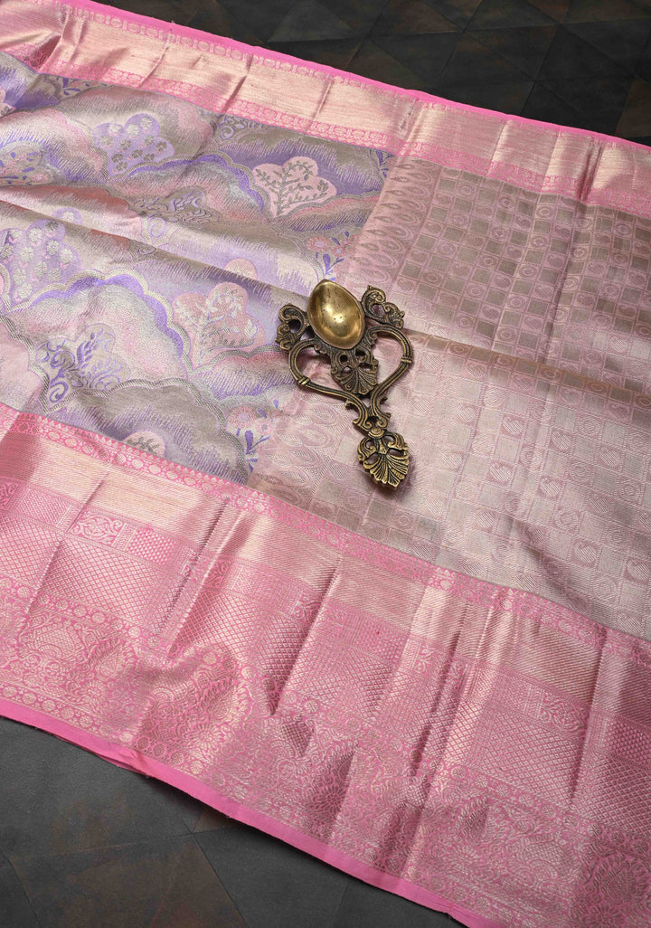 Pastel Hued Tissue Kanjivaram Silk Saree with Meenakari Brocade and Contrast Zari Border | SILK MARK CERTIFIED