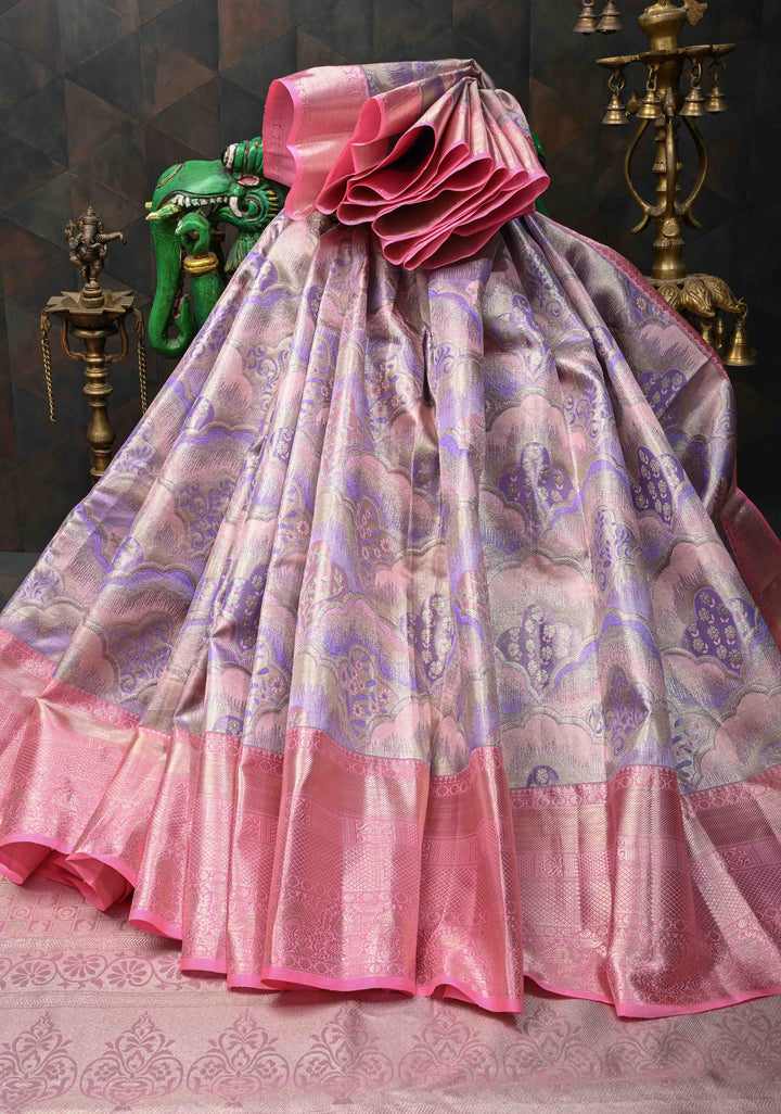 Pastel Hued Tissue Kanjivaram Silk Saree with Meenakari Brocade and Contrast Zari Border | SILK MARK CERTIFIED