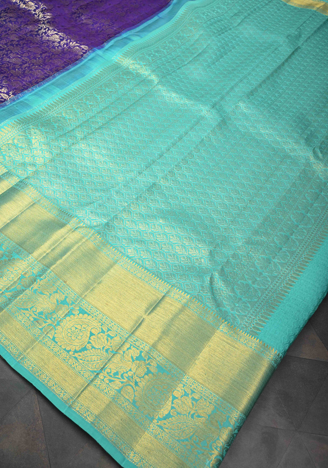Purple Kanjivaram Silk Saree with Floral Brocade Jaal and Contrast Zari Boder | SILK MARK CERTIFIED
