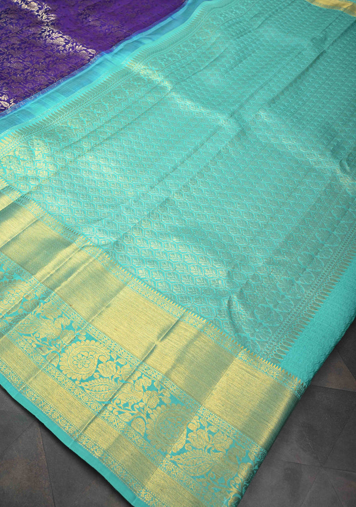 Purple Kanjivaram Silk Saree with Floral Brocade Jaal and Contrast Zari Boder | SILK MARK CERTIFIED