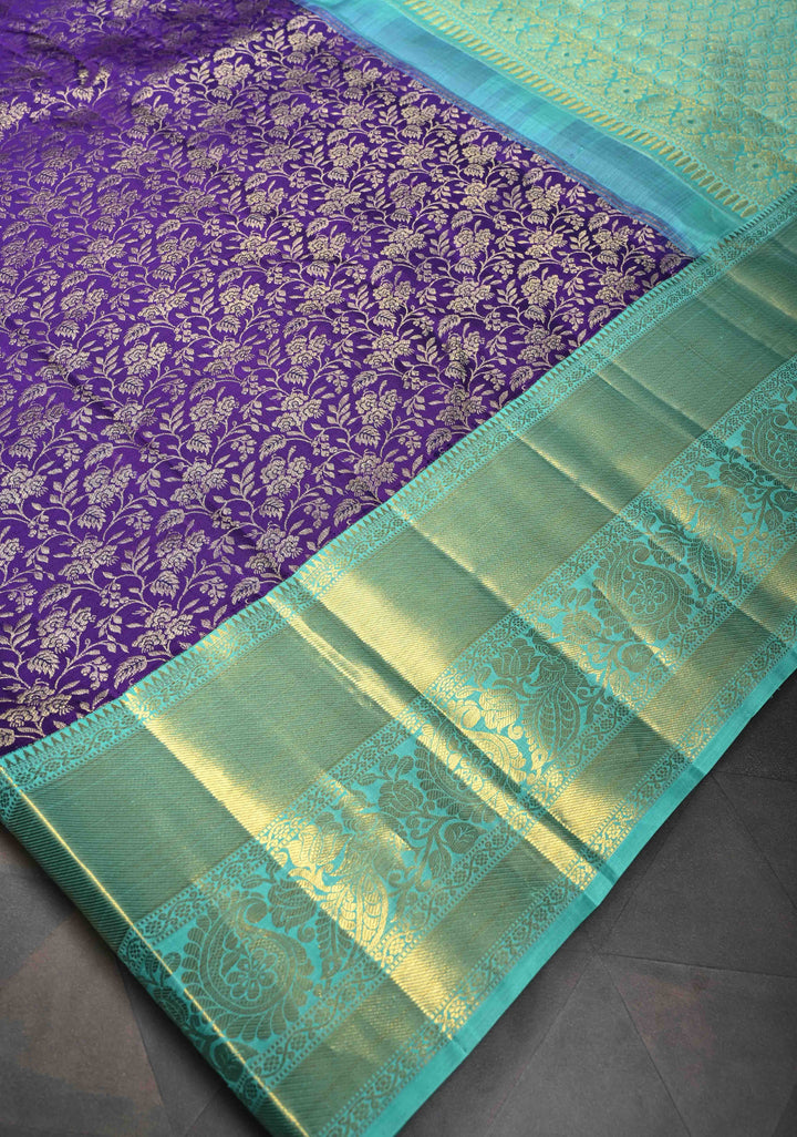Purple Kanjivaram Silk Saree with Floral Brocade Jaal and Contrast Zari Boder | SILK MARK CERTIFIED