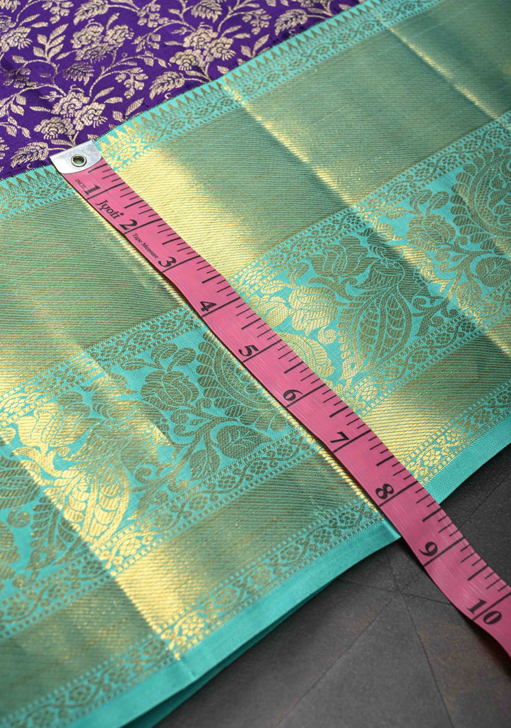 Purple Kanjivaram Silk Saree with Floral Brocade Jaal and Contrast Zari Boder | SILK MARK CERTIFIED