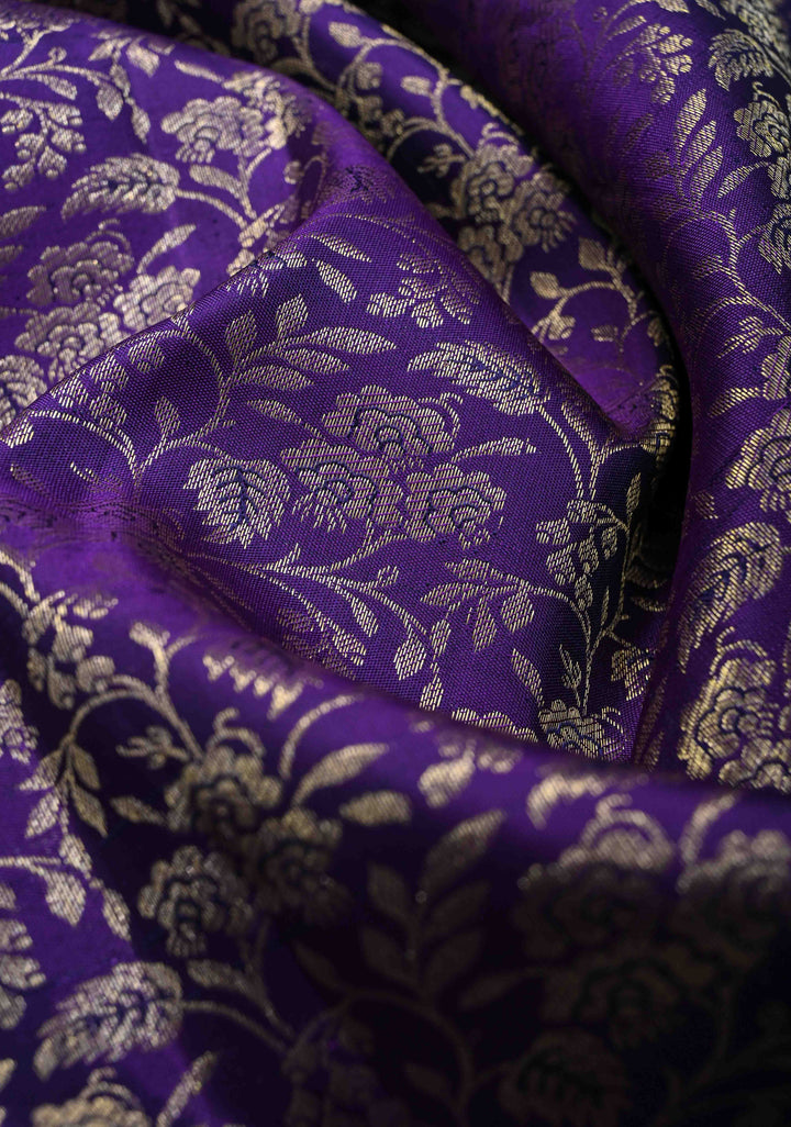 Purple Kanjivaram Silk Saree with Floral Brocade Jaal and Contrast Zari Boder | SILK MARK CERTIFIED