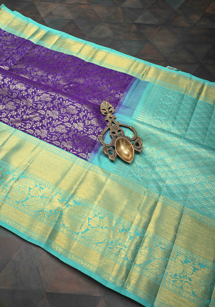 Purple Kanjivaram Silk Saree with Floral Brocade Jaal and Contrast Zari Boder | SILK MARK CERTIFIED