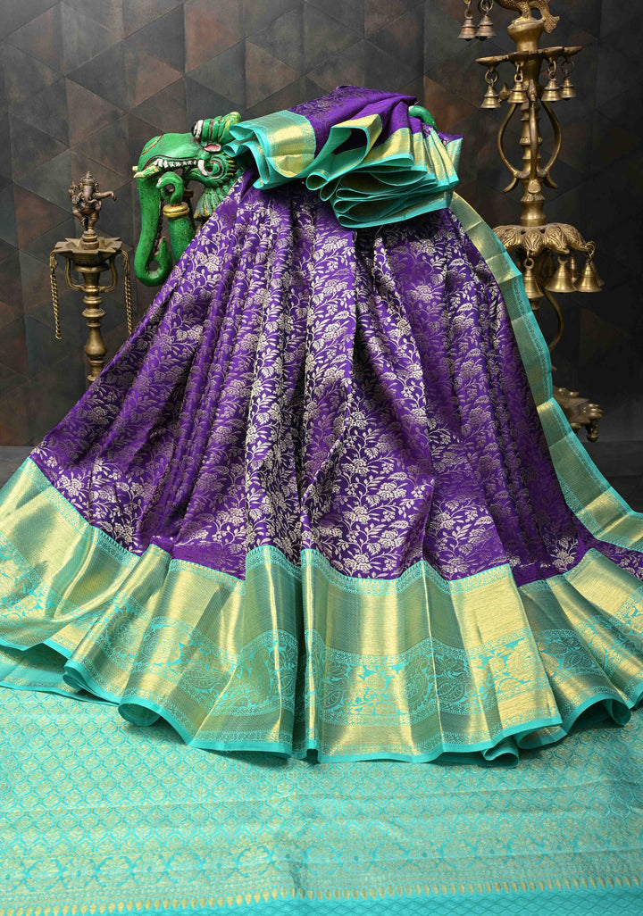 Purple Kanjivaram Silk Saree with Floral Brocade Jaal and Contrast Zari Boder | SILK MARK CERTIFIED