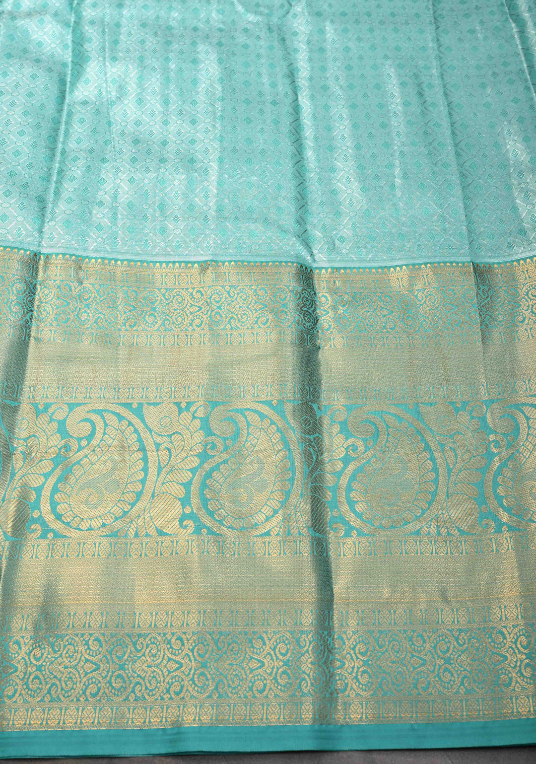Blue Tissue Semi Silk Saree in Kanchi Style with Floral Scallop Brocade and Wide Contrast Zari Border