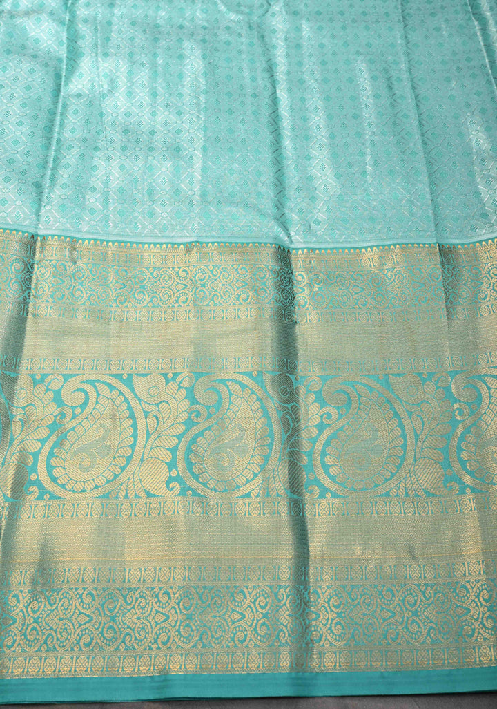 Blue Tissue Semi Silk Saree in Kanchi Style with Floral Scallop Brocade and Wide Contrast Zari Border