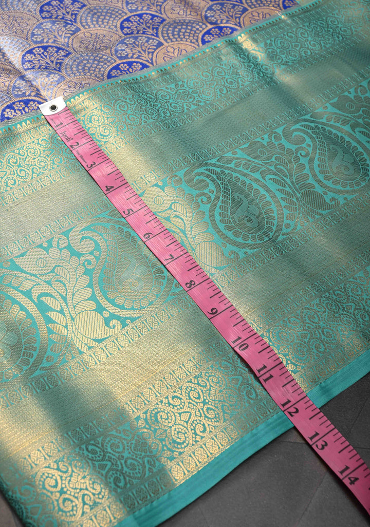 Blue Tissue Semi Silk Saree in Kanchi Style with Floral Scallop Brocade and Wide Contrast Zari Border