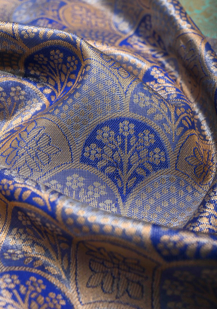 Blue Tissue Semi Silk Saree in Kanchi Style with Floral Scallop Brocade and Wide Contrast Zari Border