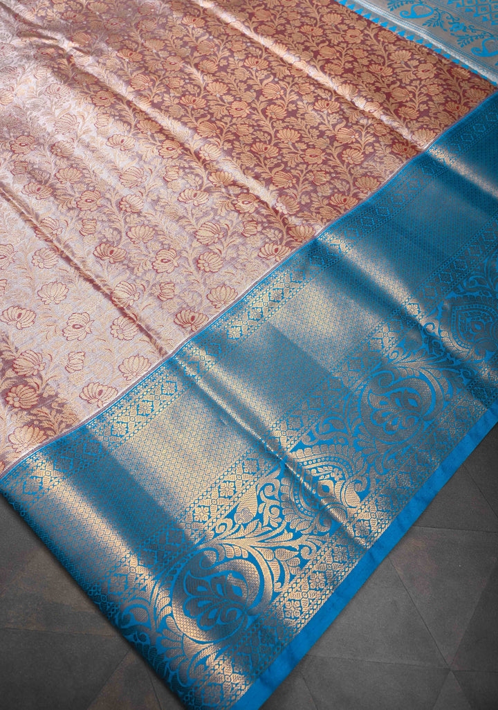Sandstone Tissue Semi Silk Saree in Kanchi Style with Floral Brocade Jaal and Contrast Zari Border