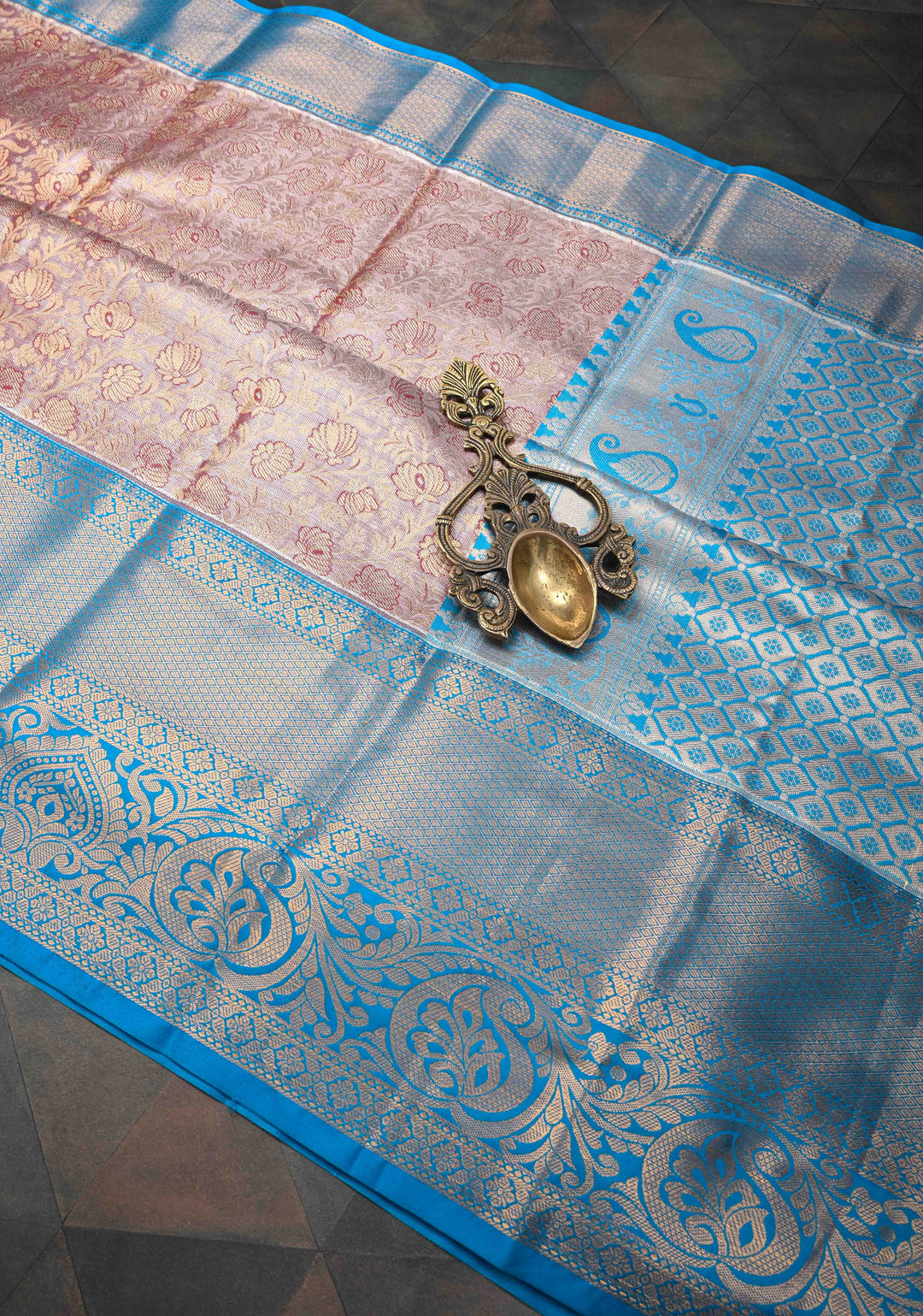 Sandstone Tissue Semi Silk Saree in Kanchi Style with Floral Brocade Jaal and Contrast Zari Border