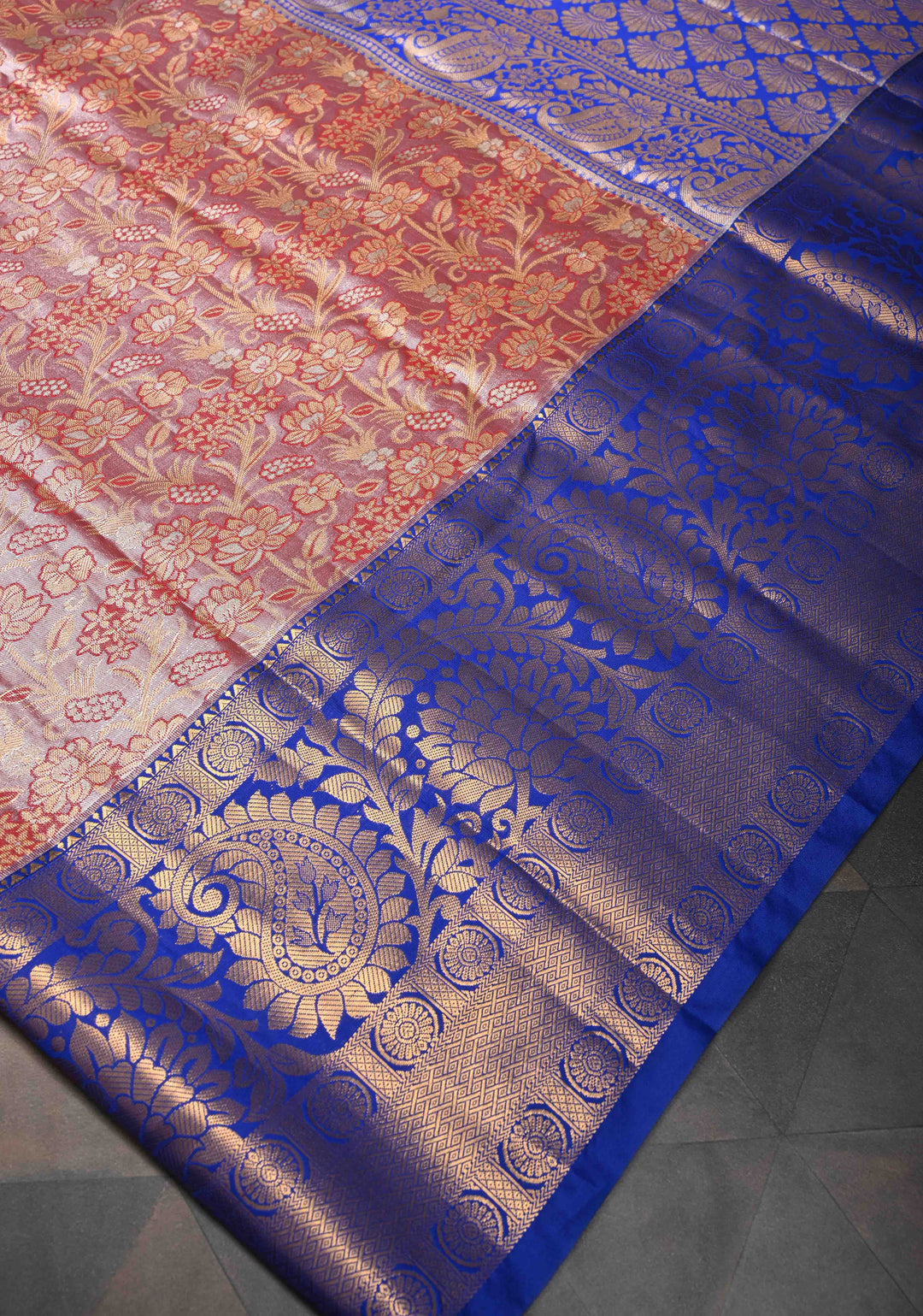 Dusty Rose Tissue Semi Silk Saree in Kanchi Style with Meenakari Floral Brocade Jaal and Contrast Zari Border