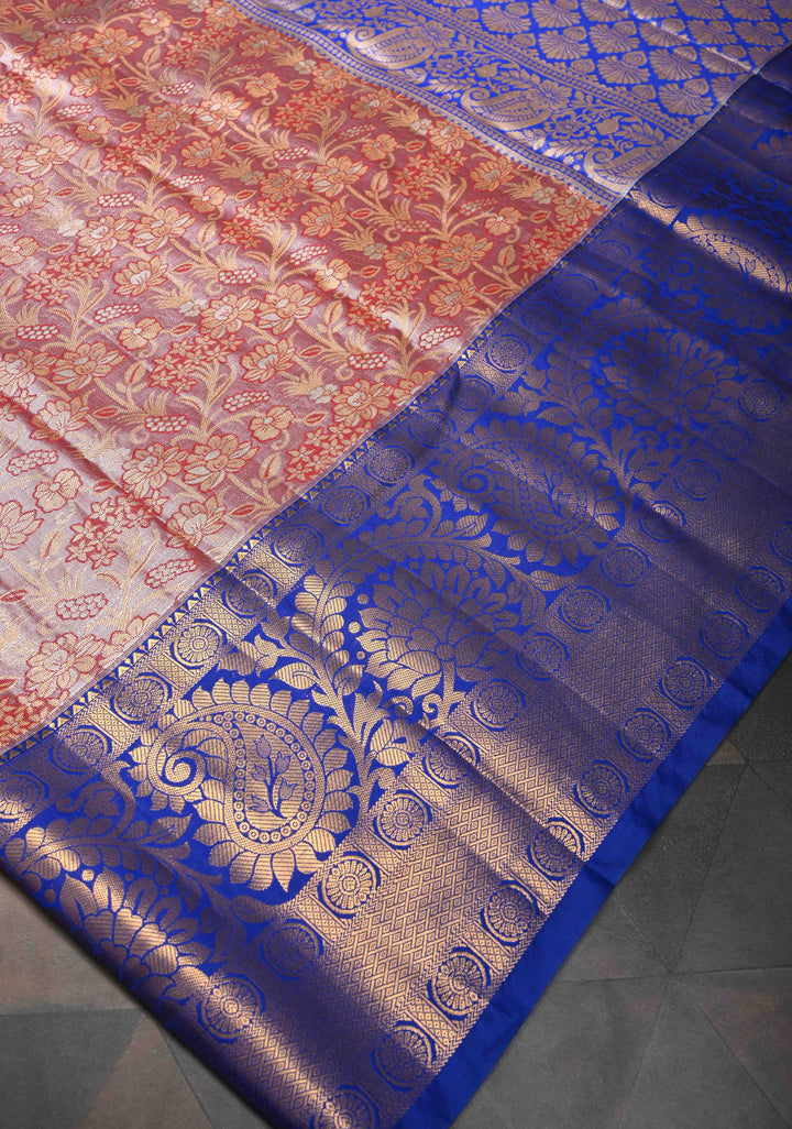 Dusty Rose Tissue Semi Silk Saree in Kanchi Style with Meenakari Floral Brocade Jaal and Contrast Zari Border