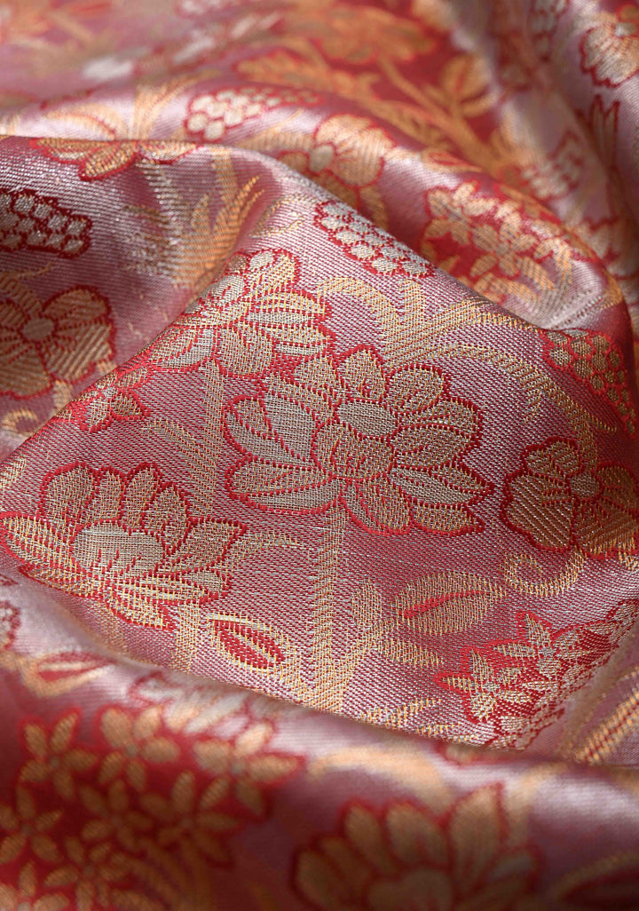 Dusty Rose Tissue Semi Silk Saree in Kanchi Style with Meenakari Floral Brocade Jaal and Contrast Zari Border