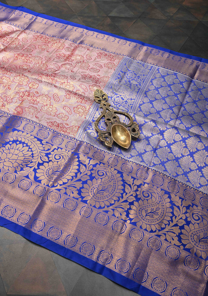 Dusty Rose Tissue Semi Silk Saree in Kanchi Style with Meenakari Floral Brocade Jaal and Contrast Zari Border