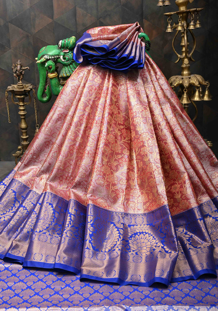 Dusty Rose Tissue Semi Silk Saree in Kanchi Style with Meenakari Floral Brocade Jaal and Contrast Zari Border