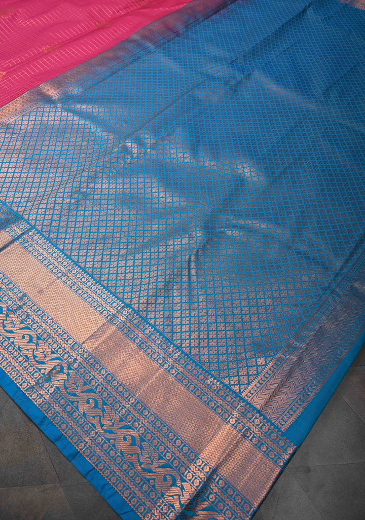 Dark Pink Zari Checks on Kanjivaram Semi Silk Saree with Zari Buttas and Contrast Zari Border