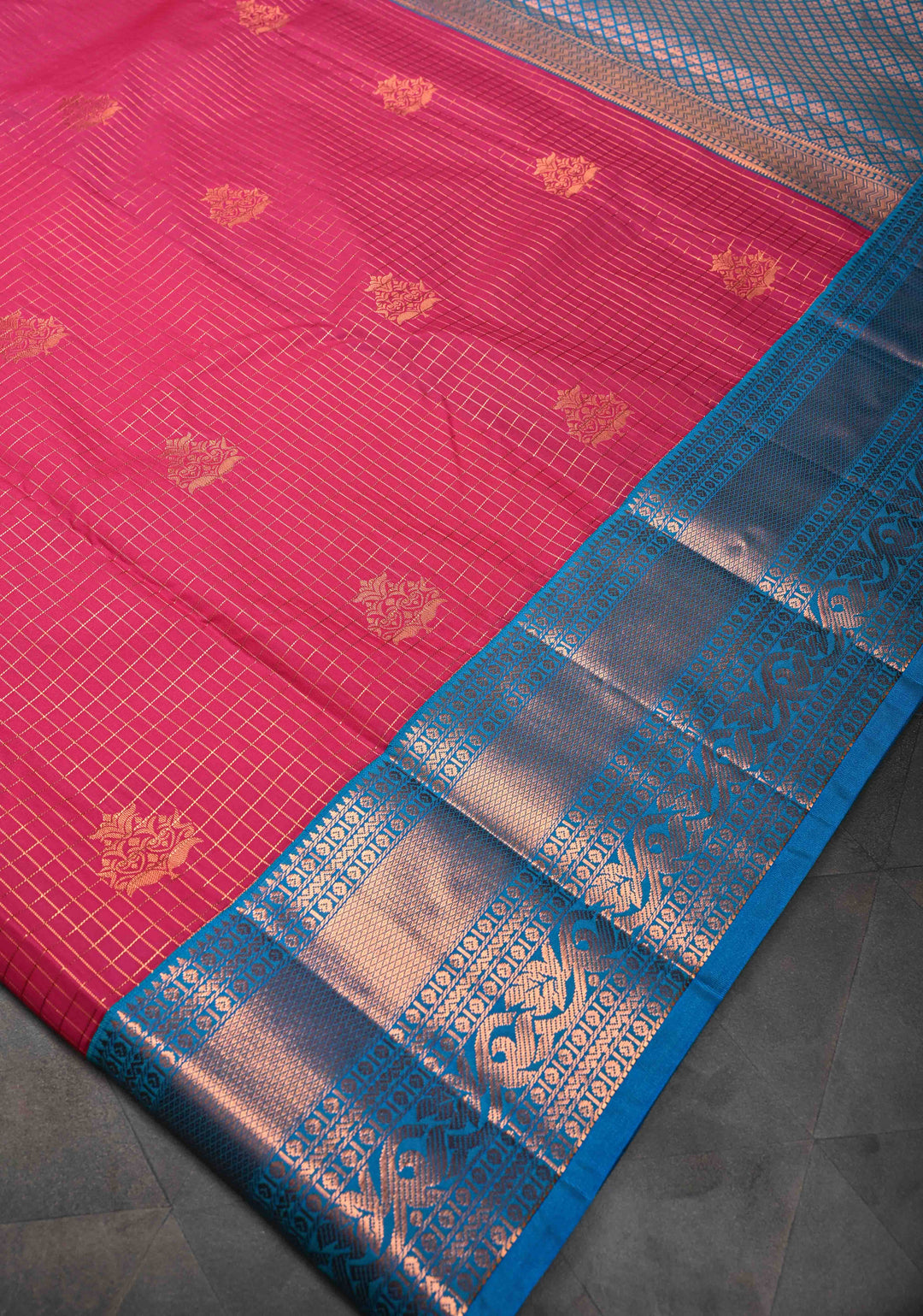 Dark Pink Zari Checks on Kanjivaram Semi Silk Saree with Zari Buttas and Contrast Zari Border