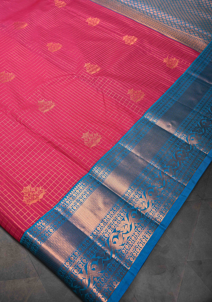 Dark Pink Zari Checks on Kanjivaram Semi Silk Saree with Zari Buttas and Contrast Zari Border
