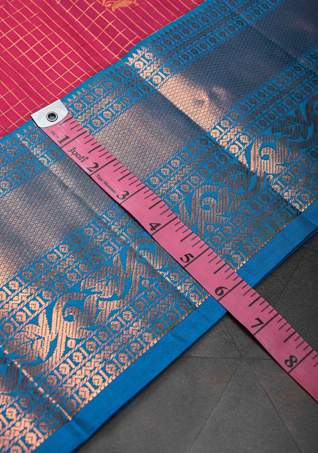 Dark Pink Zari Checks on Kanjivaram Semi Silk Saree with Zari Buttas and Contrast Zari Border